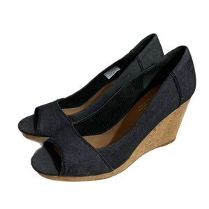 Toms Stella Blue Denim Peep-Toe Cork Wedges Shoes Casual Comfort Neutral Size 9